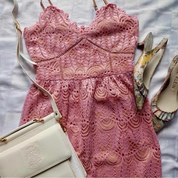 Current Air (Anthropologie) Pink Lace Overlay Midi Dress - Picture 16 of 16